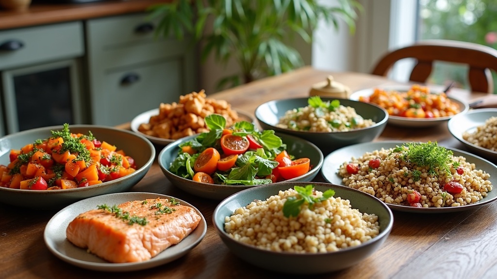A colorful spread of family-style, anti-inflammatory dinner dishes on a wooden kitchen table, showing roasted vegetables, grilled salmon, quinoa salad, and healthy kid-friendly food.