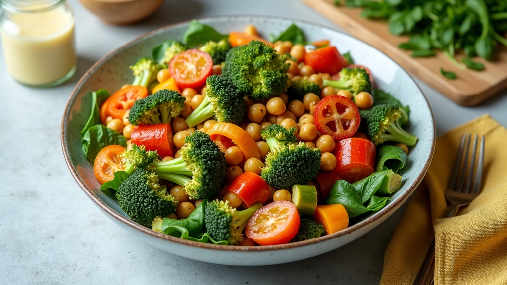 Colorful bowl of roasted vegetables, chickpeas, and greens on a kitchen counter
