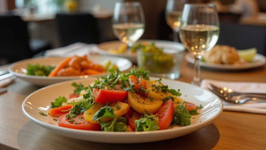 Colorful fresh vegetables and salad on a restaurant table with sparkling water and simple plates.