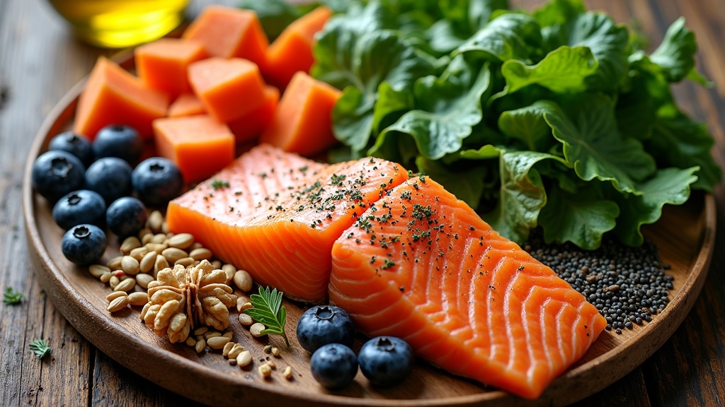 Fresh, colorful anti-inflammatory foods like berries, salmon, leafy greens, and seeds on a table.