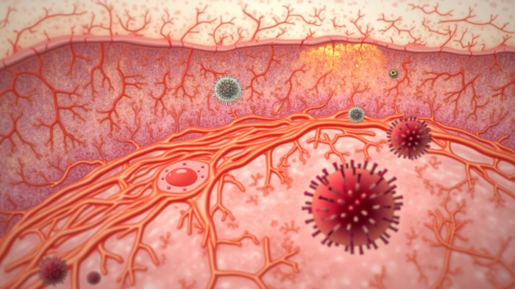 Illustration of inflammation at a microscopic level, highlighting swollen tissue and increased blood flow